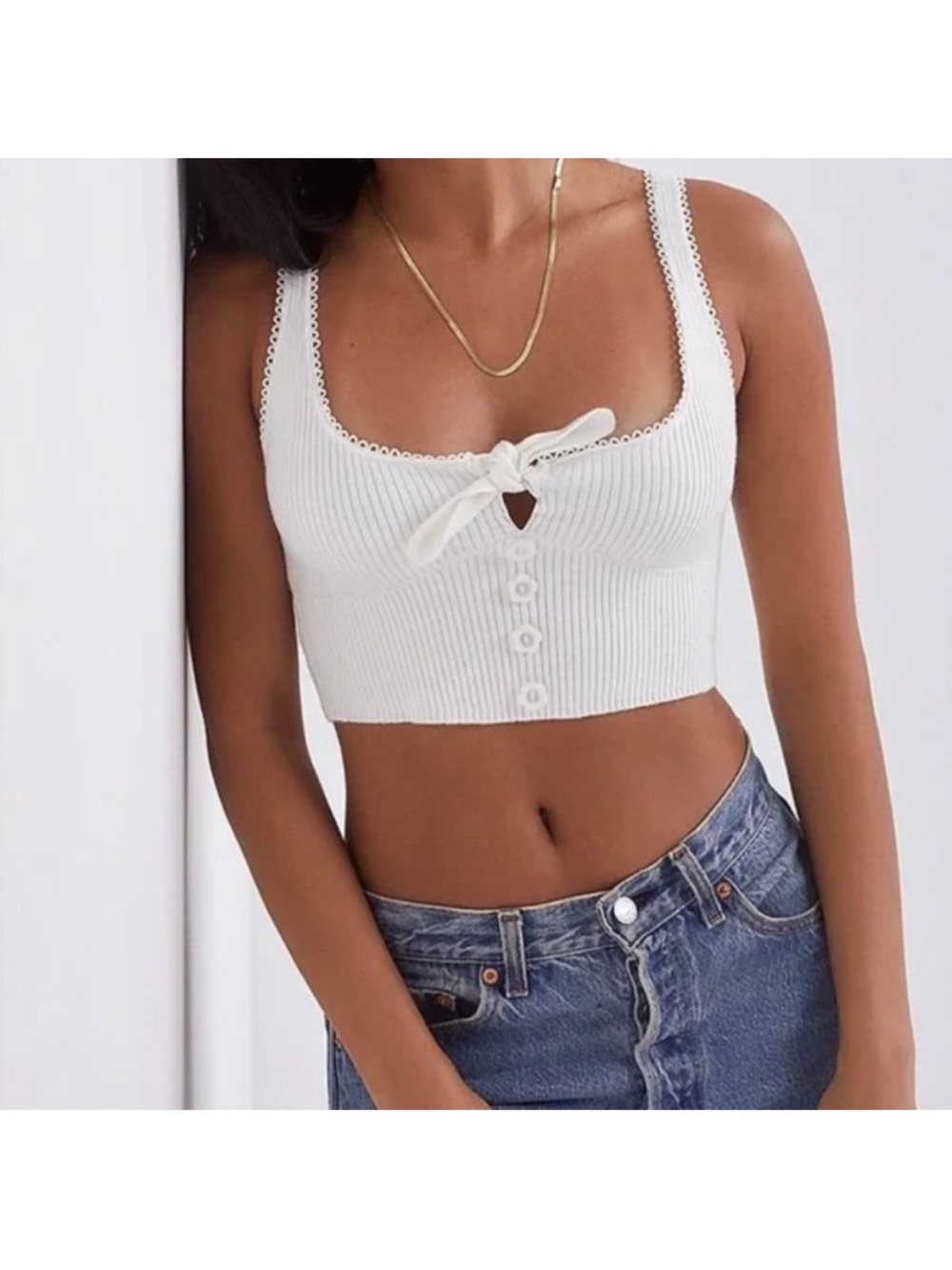 For love and lemons white pointelle ribbed tank w/ cut out‎ bow